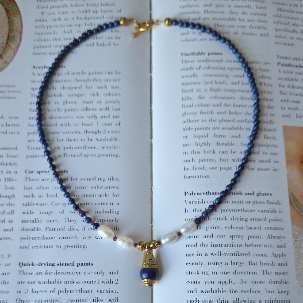 Real Lapis Lazuli Bead Necklace With Gold Pendant -Handcraft/  Boho Style